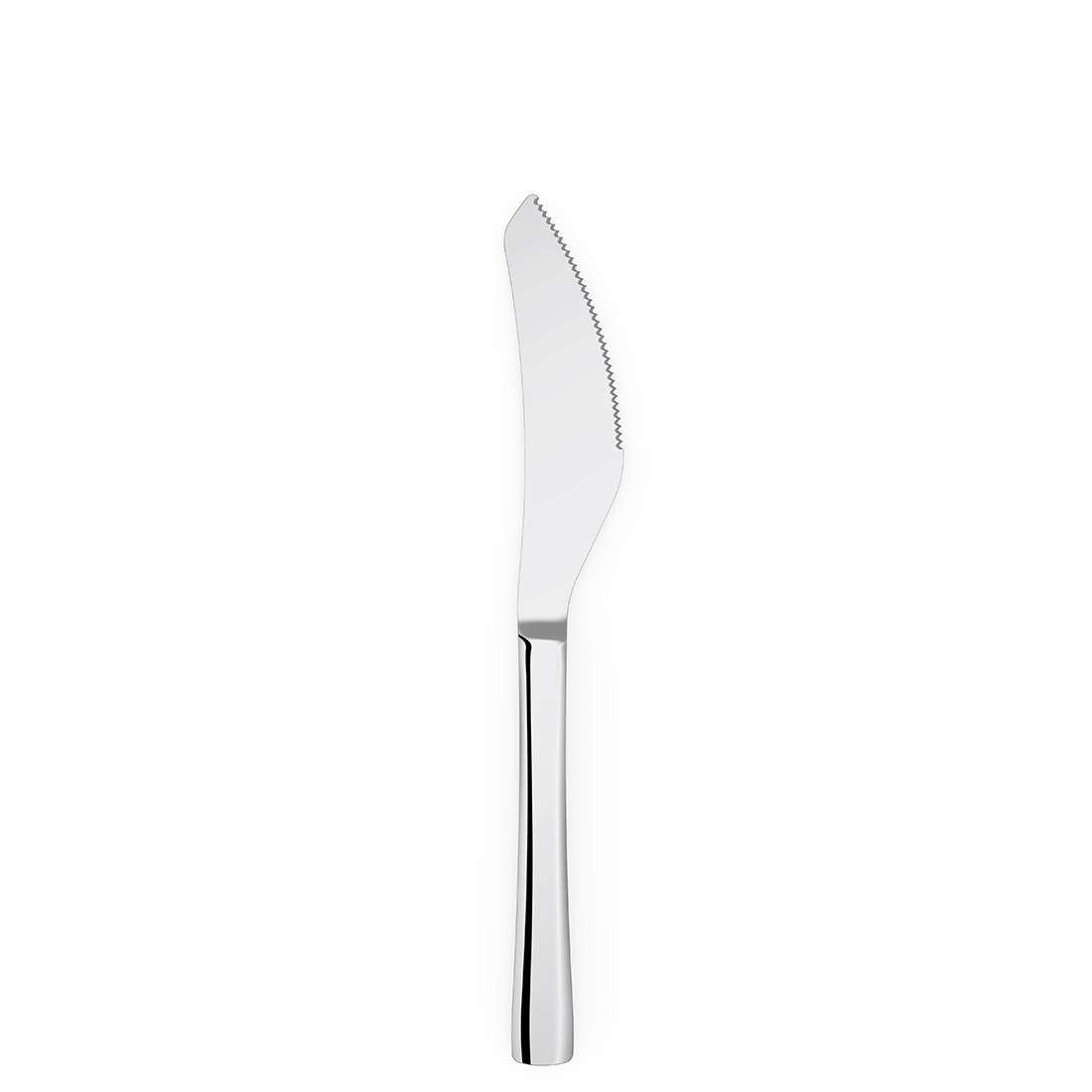 Ein 2-teiliges Pizzamesser-Set von A SELECTION von Kuppels mit zwei Pizzamessern aus Edelstahl mit leicht gebogenen, gezackten Klingen aus gehärtetem Klingenstahl und reflektierenden Griffen, aufrecht vor einem schlichten weißen Hintergrund abgebildet.