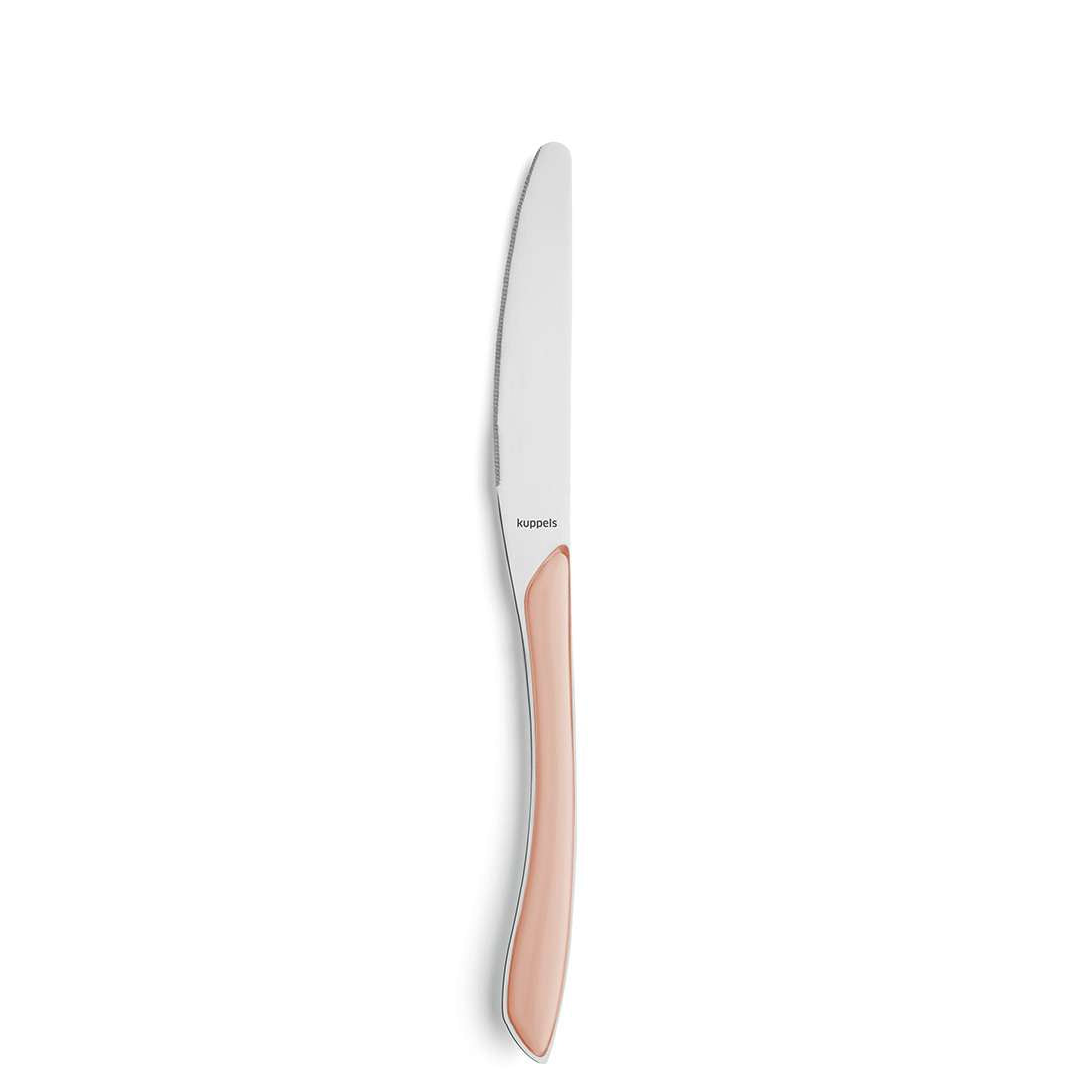 Ein Kuppels PRISMA Tafelmesser (Edelstahl 18/0) aus dem 24-teiligen Apricot-Set, mit hellrosa Griff, abgebildet auf weißem Hintergrund – ideal, um Ihr farbiges Besteckset aufzuwerten und moderne Trendfarben in Szene zu setzen.