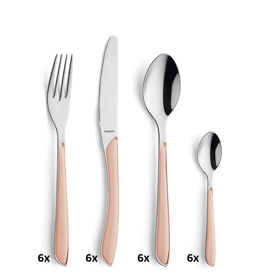 Vier Teile des Kuppels PRISMA Bestecksets 24-teilig apricot – jeweils mit silbernem Oberteil und roségoldenem Griff – sind vertikal auf weißem Hintergrund angeordnet, unter jedem Teil ist „6x“ zu sehen.
