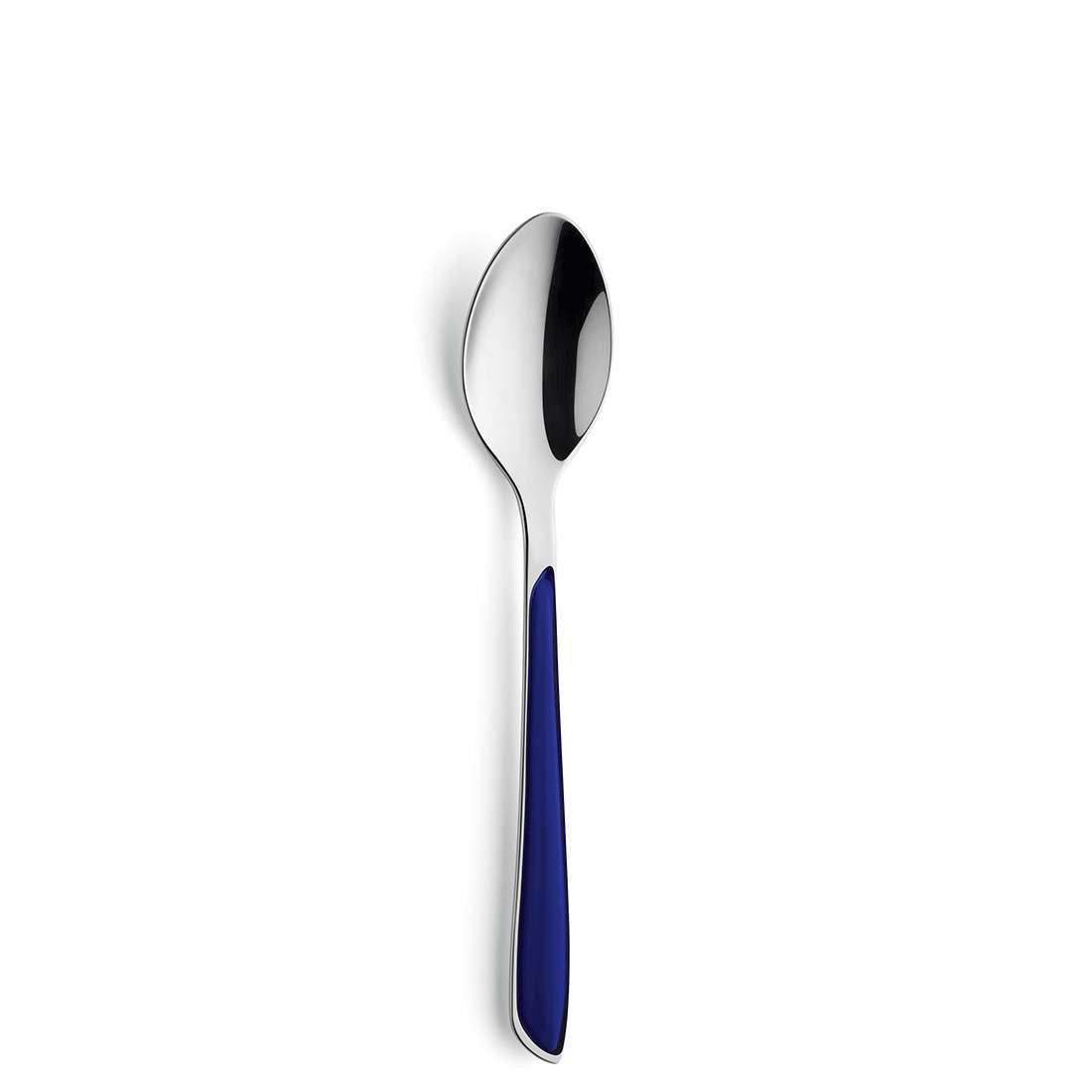 Auf weißem Hintergrund ist ein 24-teiliger Indigoblau-Löffel aus Edelstahl von Kuppels PRISMA zu sehen, der eine glänzende Laffe und einen von Trendfarben inspirierten Indigoblau-Akzentgriff aufweist.