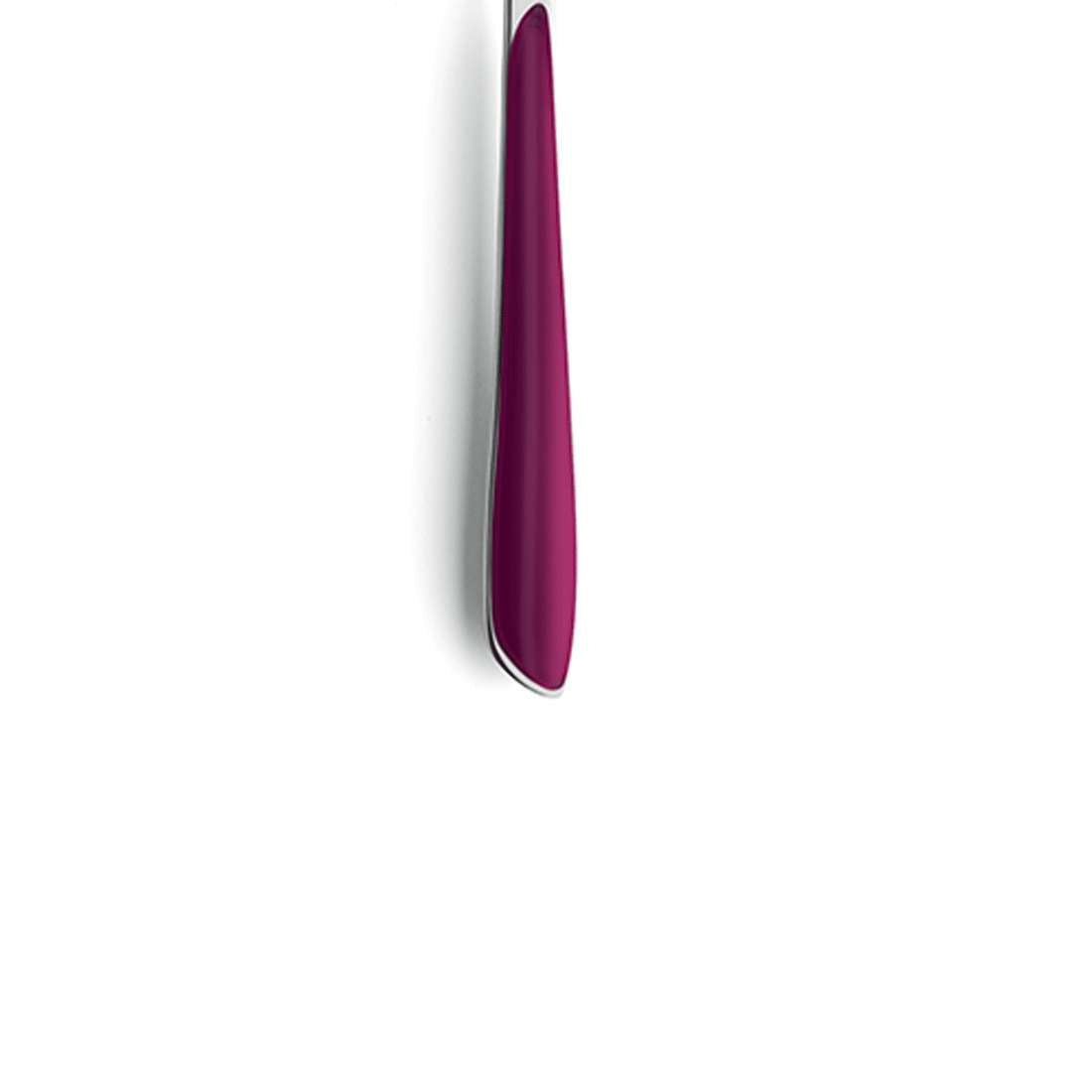 Ein einzelnes Buttermesser mit violettem Wildberry-Griff steht vertikal vor einem schlichten weißen Hintergrund – ein eleganter Akzent für das 6-teilige Kuppels PRISMA Kuchengabel-Set Wildberry.