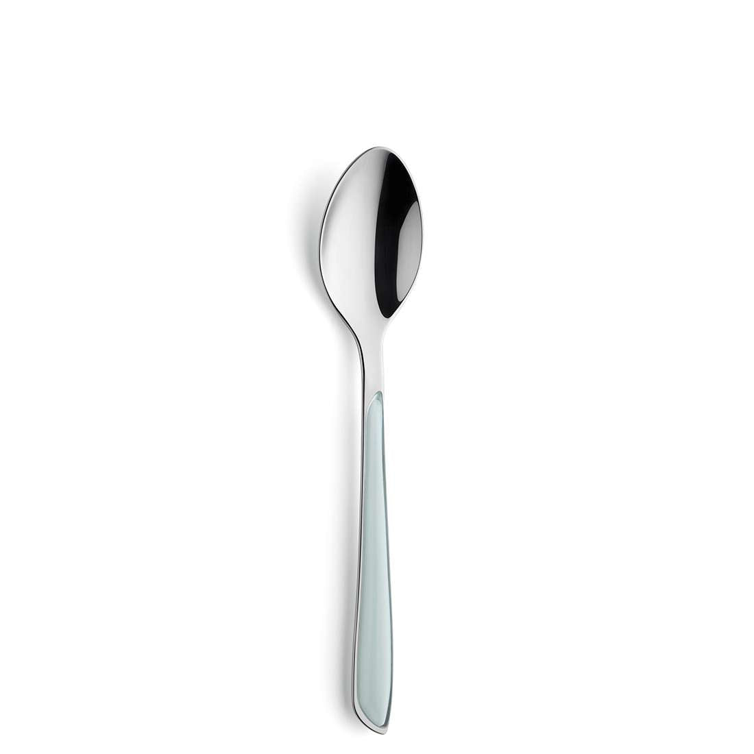 Ein PRISMA Besteckset 24-teilig mintfarbener Kuppellöffel mit glänzender, reflektierender Oberfläche und modernem Design steht zentriert auf weißem Hintergrund.