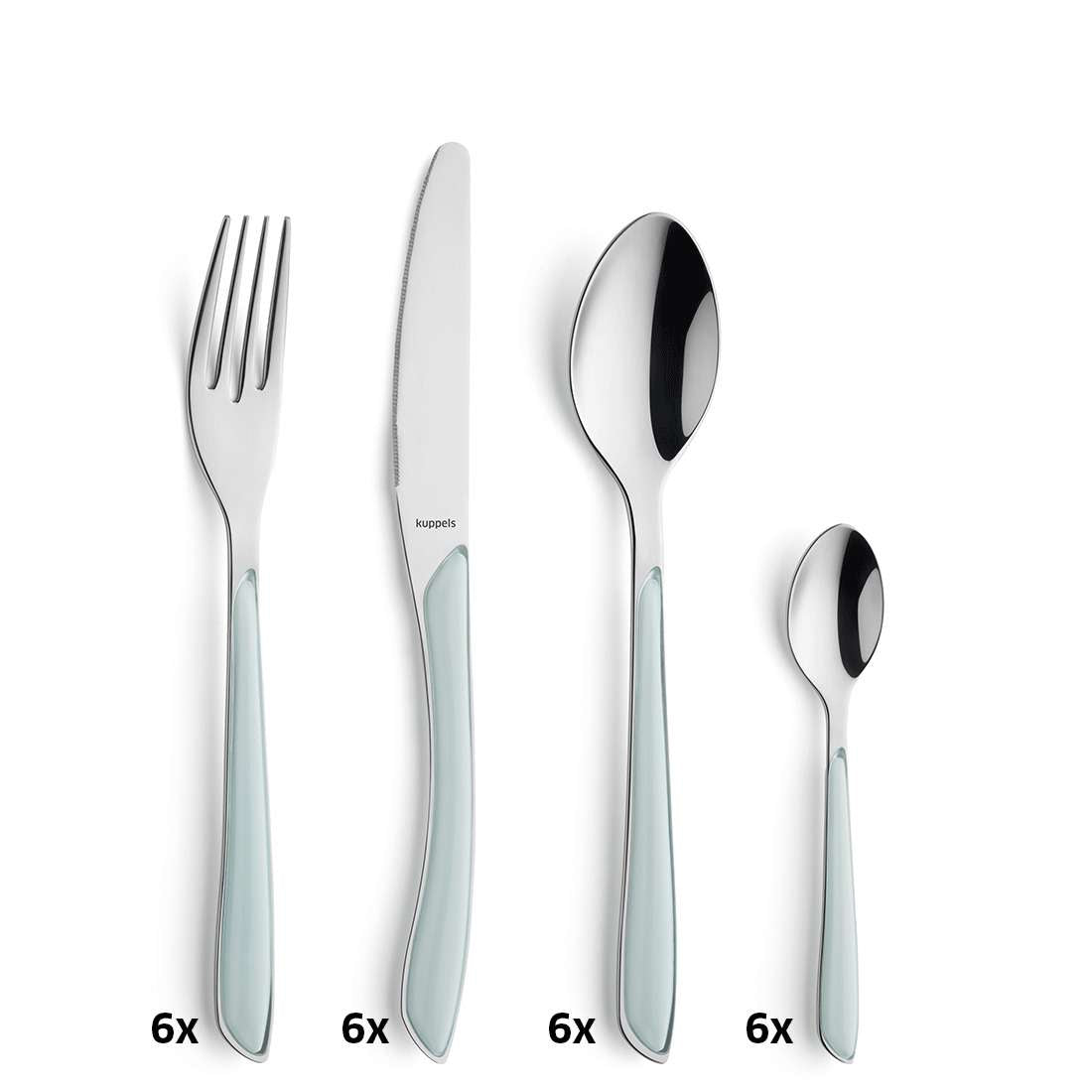 Das Kuppels PRISMA Besteckset 24-teilig mint besteht aus Edelstahlbesteck mit mintfarbenen Griffen, darunter sechs Gabeln, Messer, Esslöffel und Kaffeelöffel – ideal für jeden modernen Esstisch.