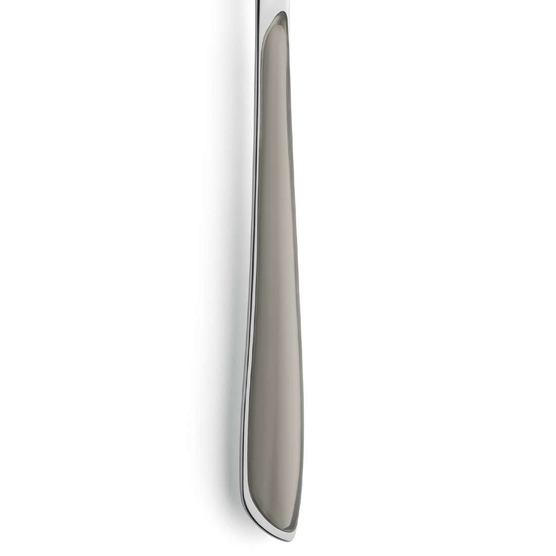 Eine Nahaufnahme des PRISMA Menülöffels taupe von Kuppels zeigt seinen glatten, leicht abgerundeten Edelstahlgriff – perfekt, um mit farbigem Besteck aus Edelstahl 18/0 trendige Farbe auf Ihren Tisch zu bringen.