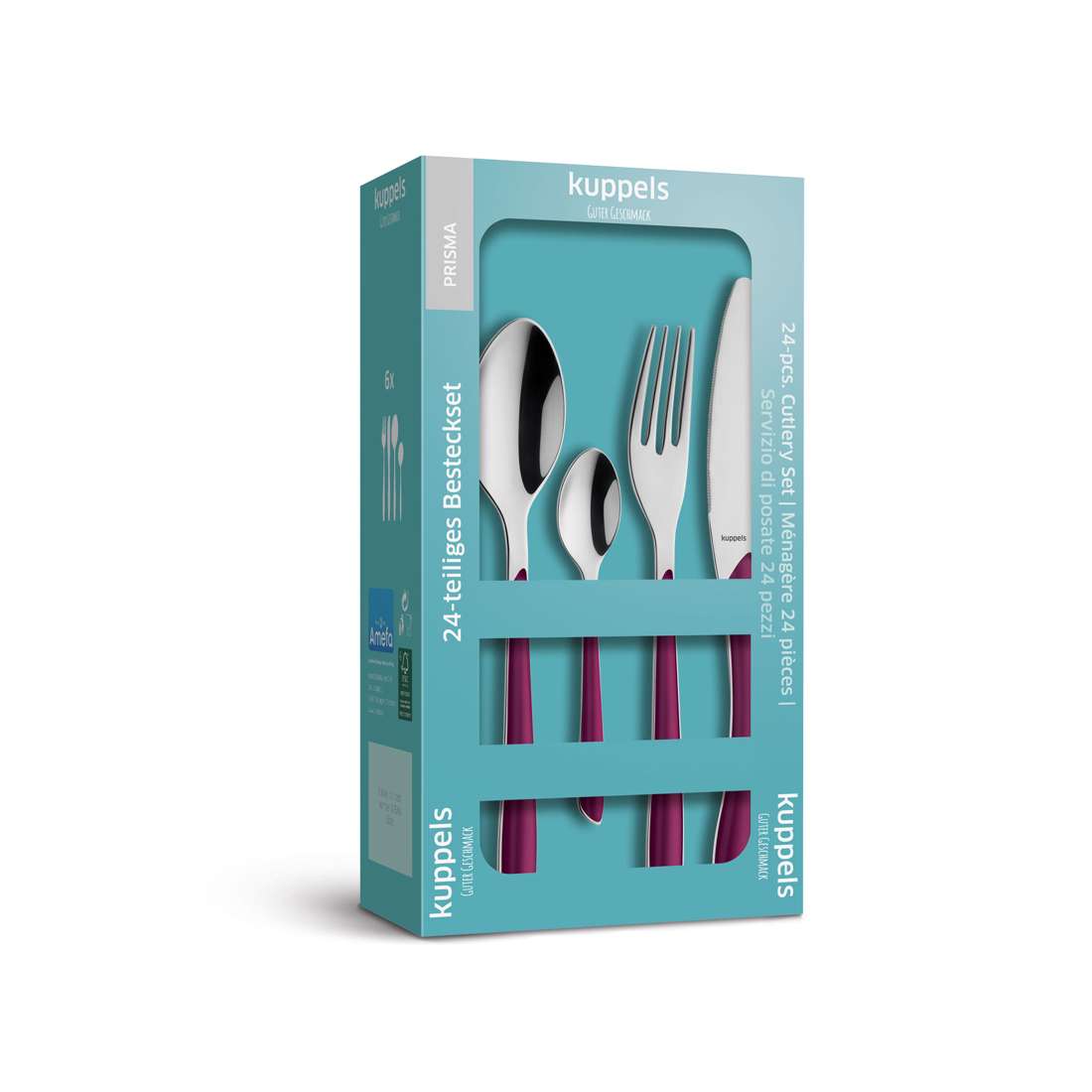 Das PRISMA Besteckset 24-teilig wildberry von Kuppels enthält Messer, Gabeln, Löffel und Teelöffel in einer Box mit türkisfarbener Wildberry-Verpackung, die auf der Vorderseite und an der Seite Produktangaben zeigt.