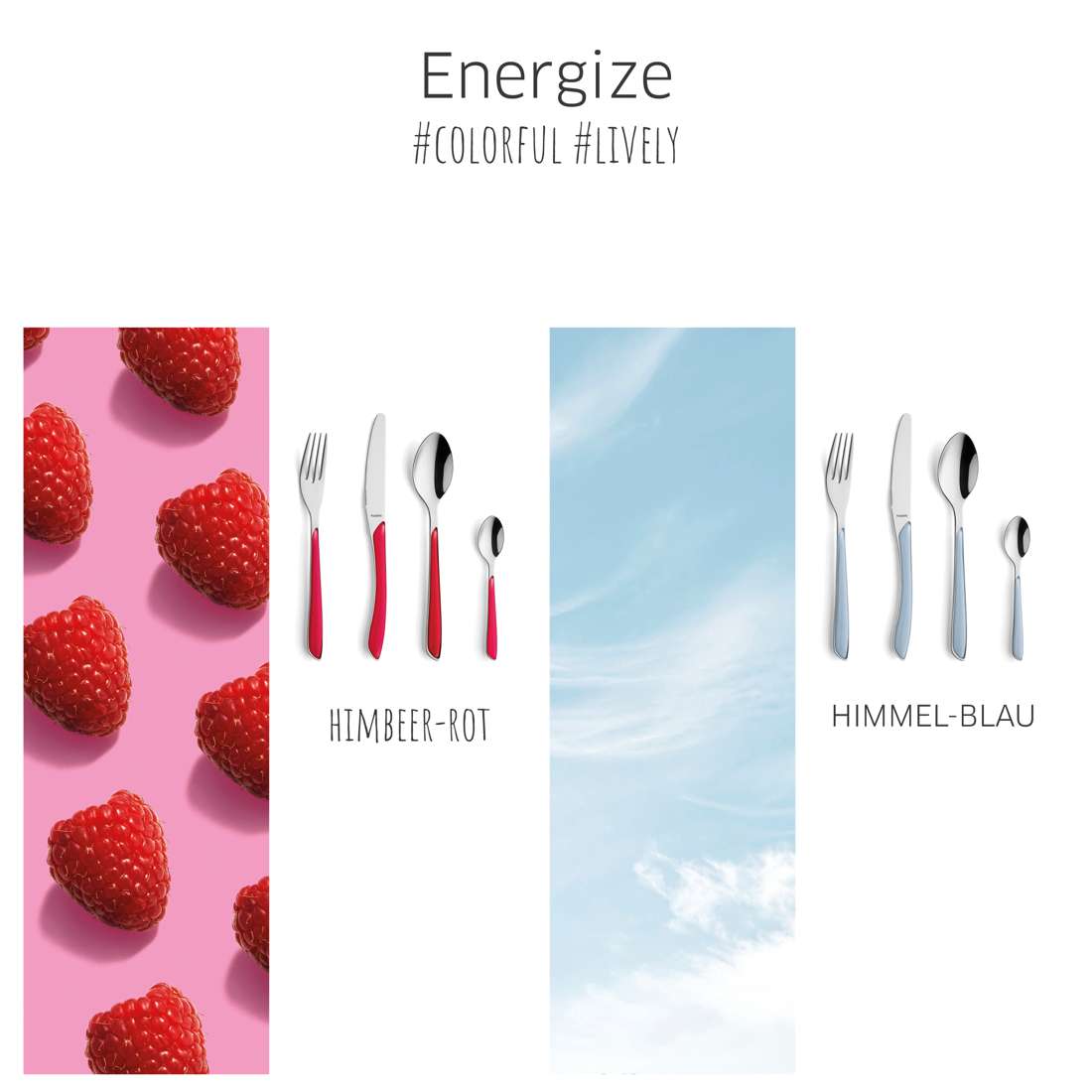 Das Bild zeigt zwei Bestecksets von Kuppels: eines mit himbeerroten Griffen und der Aufschrift „Himbeer-rot“ auf Himbeeren und das 6-teilige PRISMA Kuchengabel-Set in Himmelblau auf Himmelshintergrund. Der Text lautet: Energize #colorful #lively.