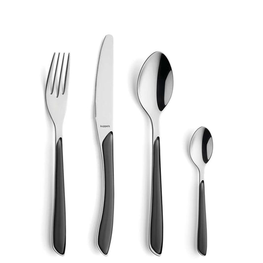 Vier Teile aus dem Kuppels PRISMA Besteckset 24-teilig schiefergrau – Gabel, Messer, Esslöffel und Teelöffel – verfügen jeweils über eine glänzende Metallspitze und einen schiefergrauen Griff, in einer Reihe auf weißem Hintergrund angeordnet.