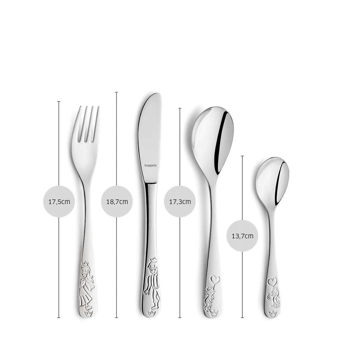 Das 4-teilige Kuppels Prinzessin Kinderbesteck-Set beinhaltet Gabel (17,5 cm), Messer (18,7 cm), Esslöffel (17,3 cm) und Teelöffel (13,7 cm) mit eingravierten Tiermotiven und ergonomischem Design.