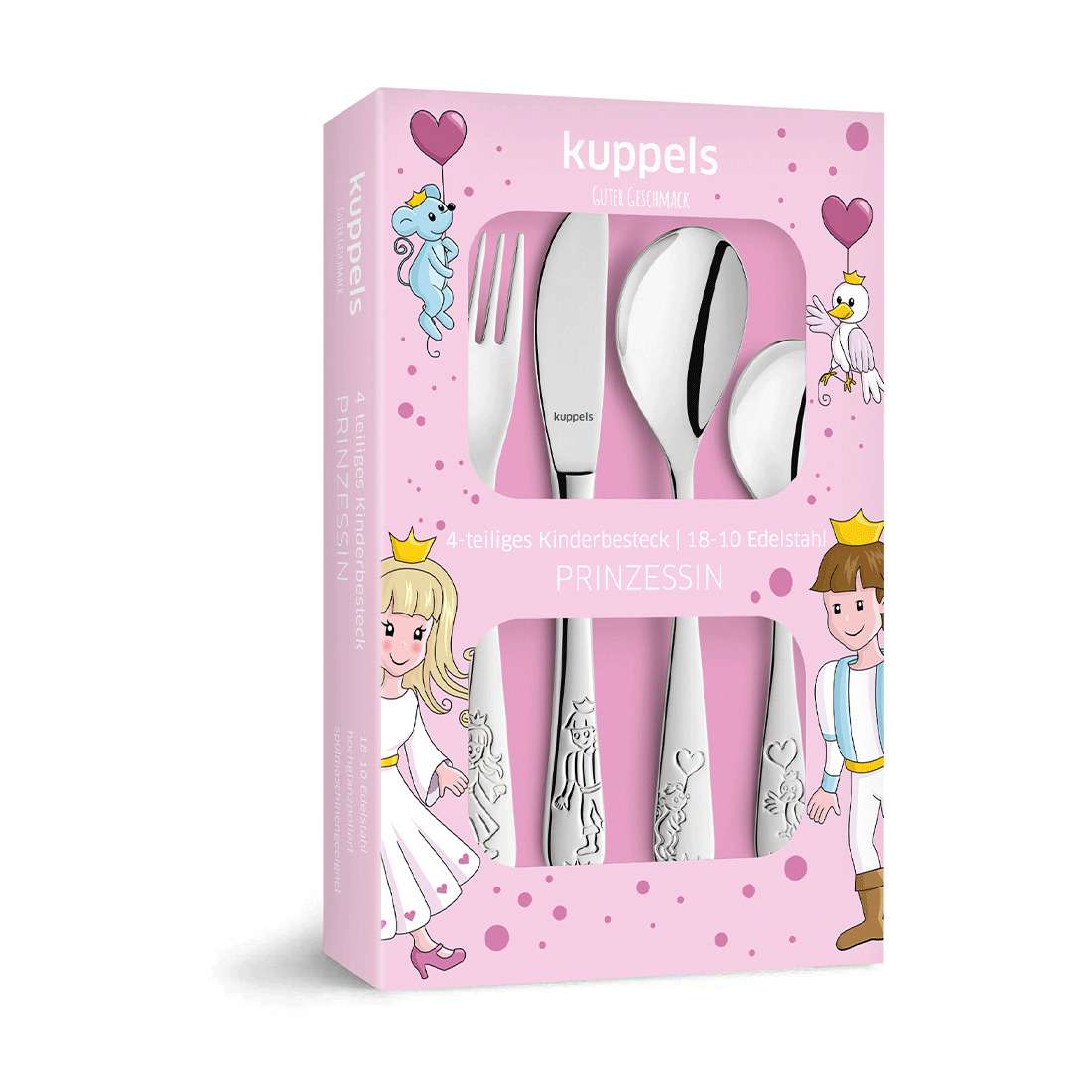 Das Kuppels Prinzessin Kinderbesteck Set 4-teilig besteht aus vier Edelstahlutensilien mit Prinzessinnen- und Prinzenmotiven, die durch eine märchenhafte Verpackung sichtbar sind - perfekt für kleine Fans von zauberhaften Geschichten.