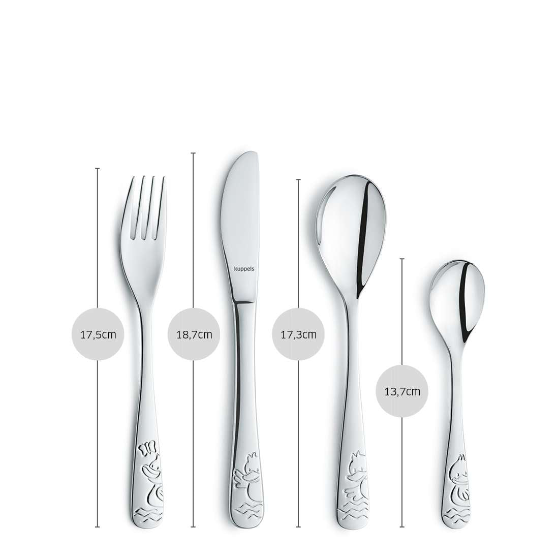 Das 4-teilige Kuppels DUCK Kinderbesteck-Set besteht aus einer Gabel (17,5 cm), einem Messer (18,7 cm), einem Löffel (17,3 cm) und einem kleinen Löffel (13,7 cm) mit Entengravuren, die ergonomisch für Kinder gestaltet und vertikal mit beschrifteten Längen dargestellt sind.