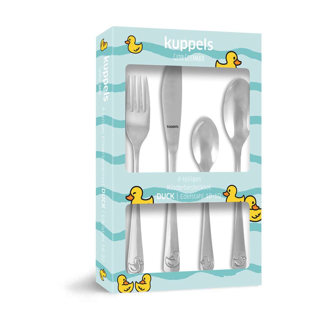 Das Kuppels DUCKS Kinderbesteck Set 4-teilig besteht aus einer Gabel, einem Messer und zwei Löffeln aus Edelstahl 18/10 mit ergonomischen Griffen im Enten-Design, verpackt in einer hellblauen Box mit fröhlicher gelber Gummienten-Grafik.