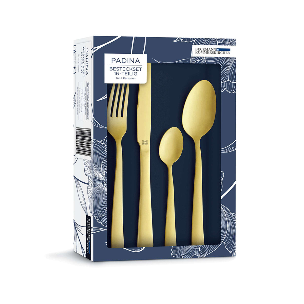 Ein verpacktes 16-teiliges Besteckset „PADINA“ von Beckmann & Rommerskirchen mit PVD-Beschichtung in mattem Champagner, bestehend aus vier Teilen – einem Messer, einer Gabel, Teelöffel und Esslöffel –, gefertigt aus hochwertigem Edelstahl 18/0 mit einer eleganten, matt-champagnerfarbenen PVD-Beschichtung, alles wunderschön präsentiert in einer blauen Schachtel mit Blumenmuster.