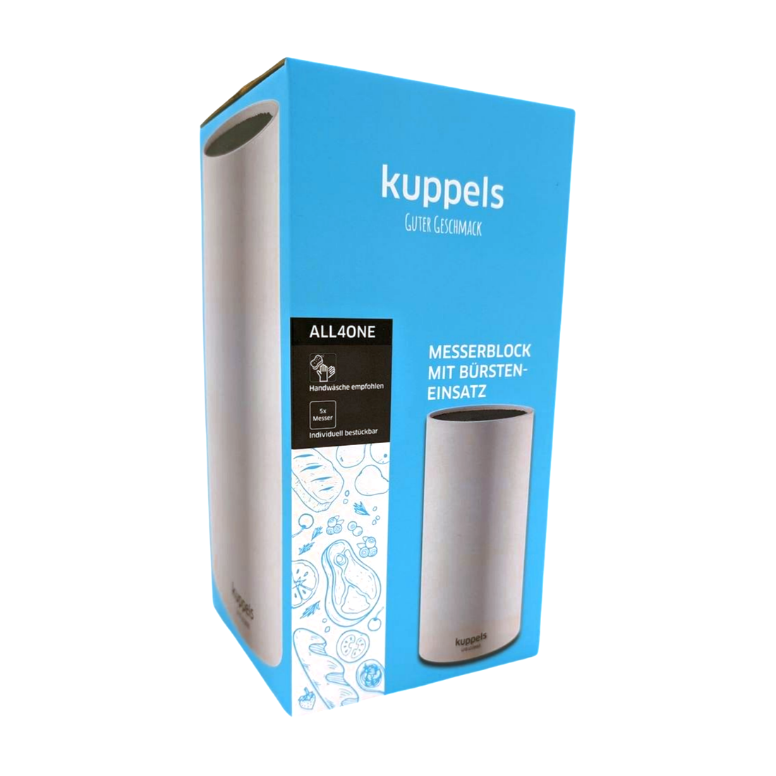 Eine blau-weiße Kuppels ALL4ONE Messerblock mit Borsteneinsatz Box zeigt auf der Vorderseite ein zylindrisches Blockbild und weiße Zeichnungen von Küchenutensilien und Lebensmitteln für die praktische Küchenmesser Aufbewahrung.