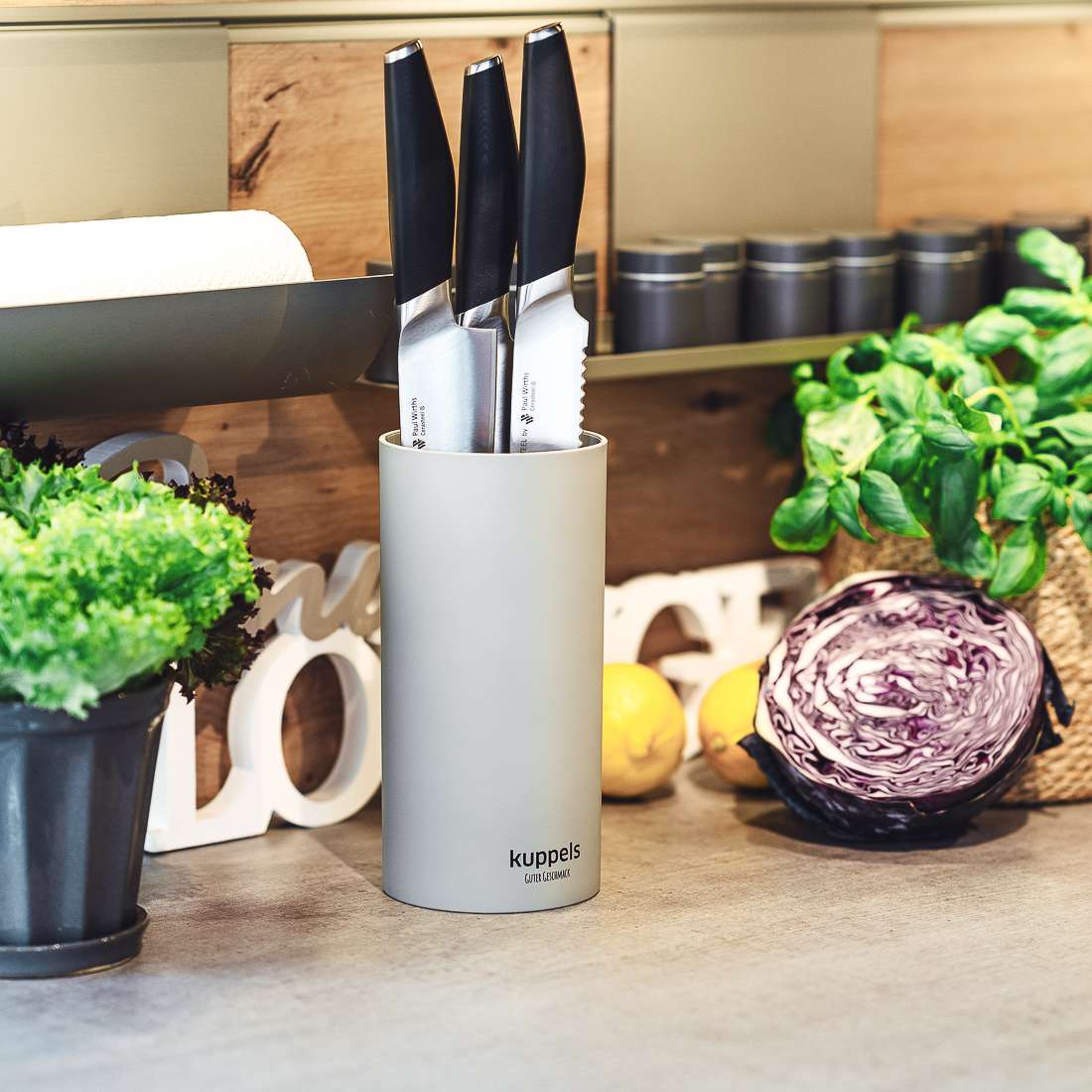 Eine moderne Küchenarbeitsplatte in Betonoptik präsentiert den Kuppels ALL4ONE Messerblock mit Borsteneinsatz, der drei Messer enthält, neben grünem Salat, einem halben Rotkohl, Zitronen, Basilikum und Gewürzgläsern für einen lebendigen, organisierten Kochbereich.