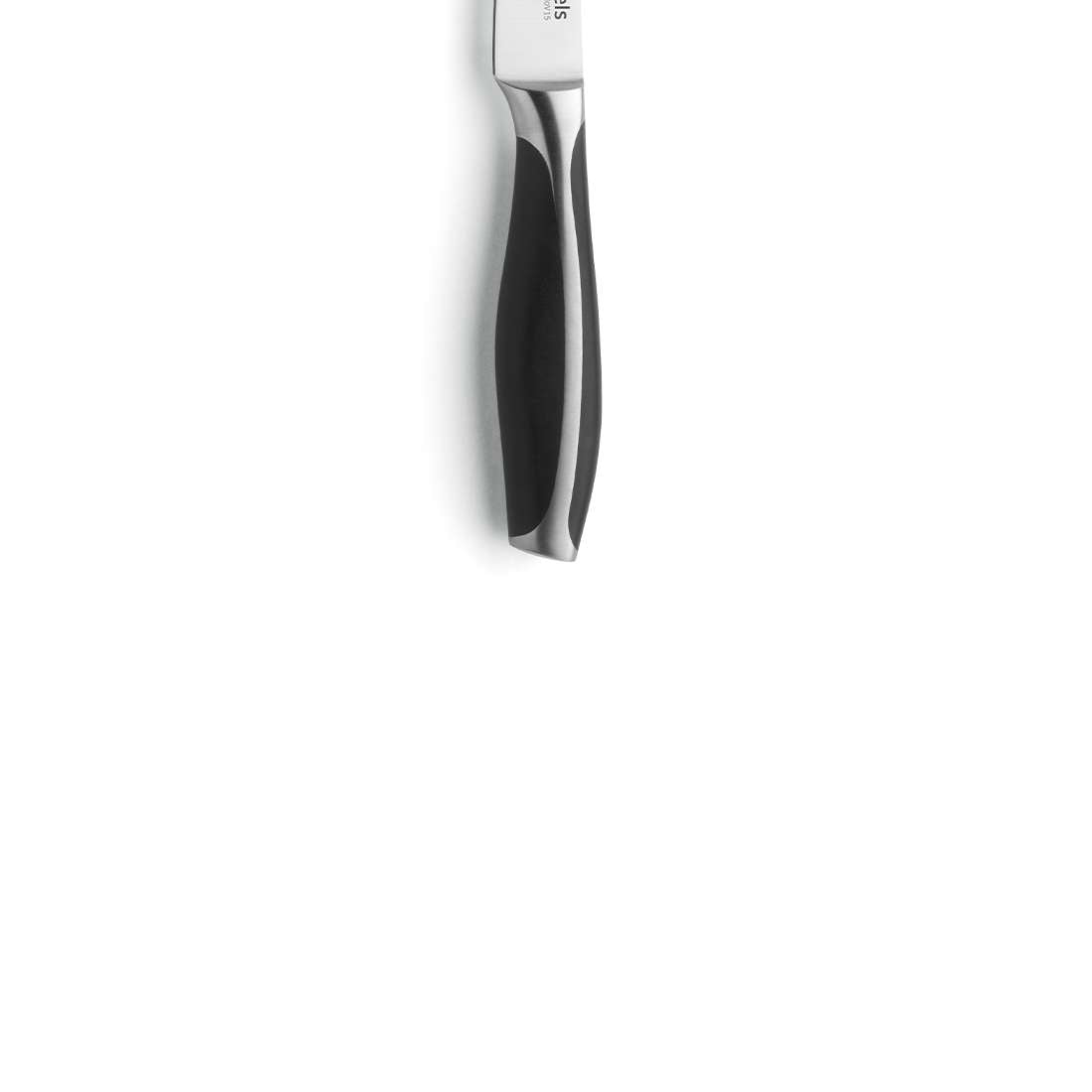 Das Kuppels CHEF Gemüsemesser zeichnet sich durch exzellente Schärfe und ein perfekt ausbalanciertes Griffdesign aus, wobei seine Edelstahlklinge und der schwarz-silberne Griff vertikal vor einem weißen Hintergrund dargestellt sind.