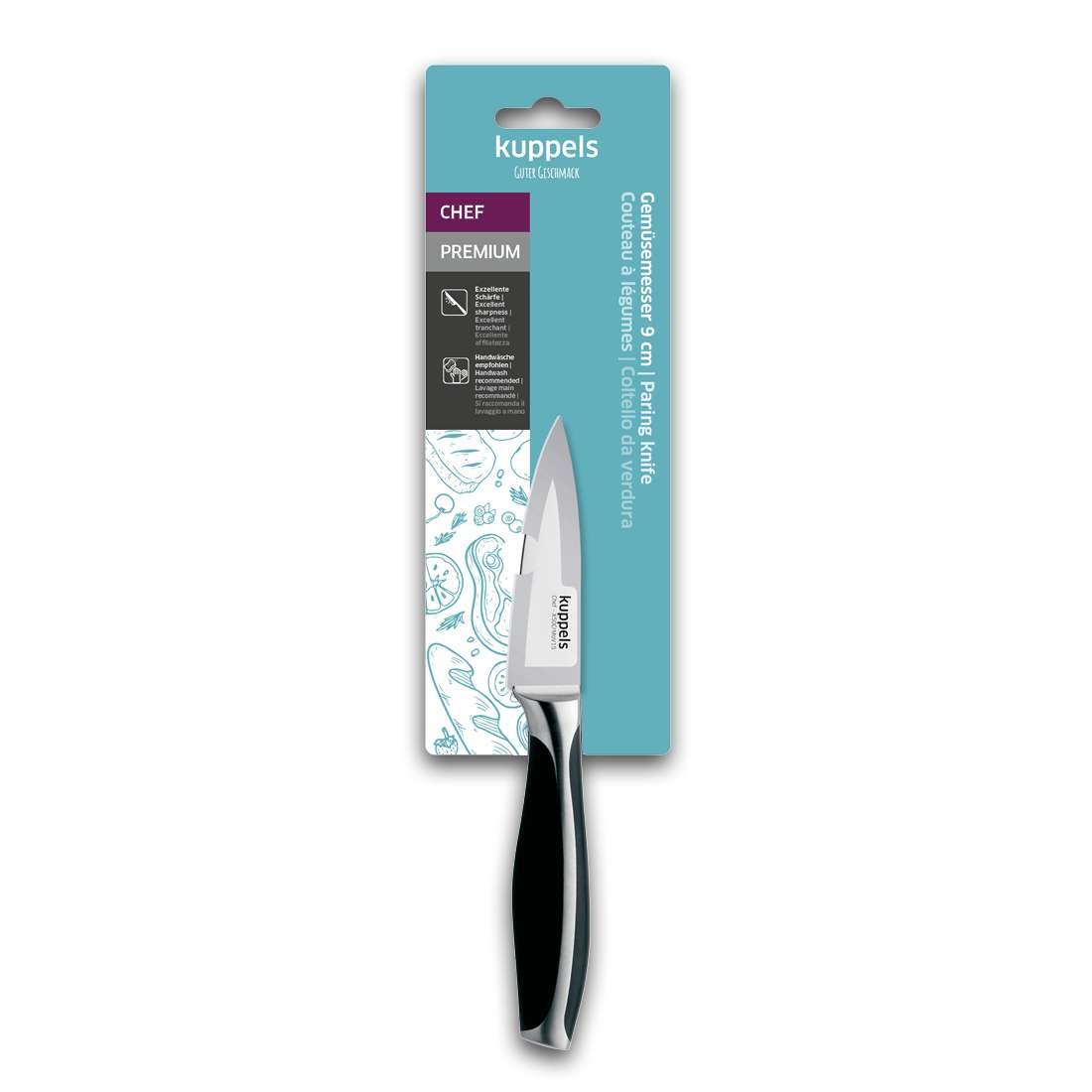 Kuppels CHEF Gemüsemesser in der Verpackung, mit einem schwarz-silbernen Griff im ausbalancierten Griffdesign und einer spitzen Edelstahlklinge, dargestellt auf einem blau-weißen Küchenmotiv.