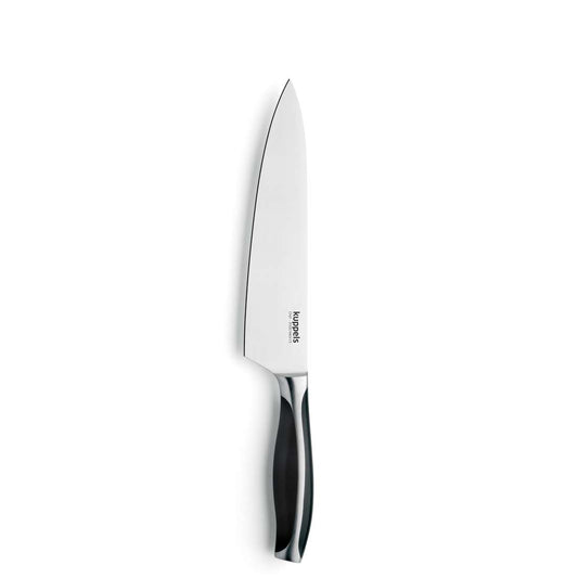 Das Kuppels CHEF Kochmesser 8" aus Edelstahl mit durchgehendem Erl, glänzender Klinge und elegantem schwarz-silbernem Griff steht vertikal vor weißem Hintergrund.