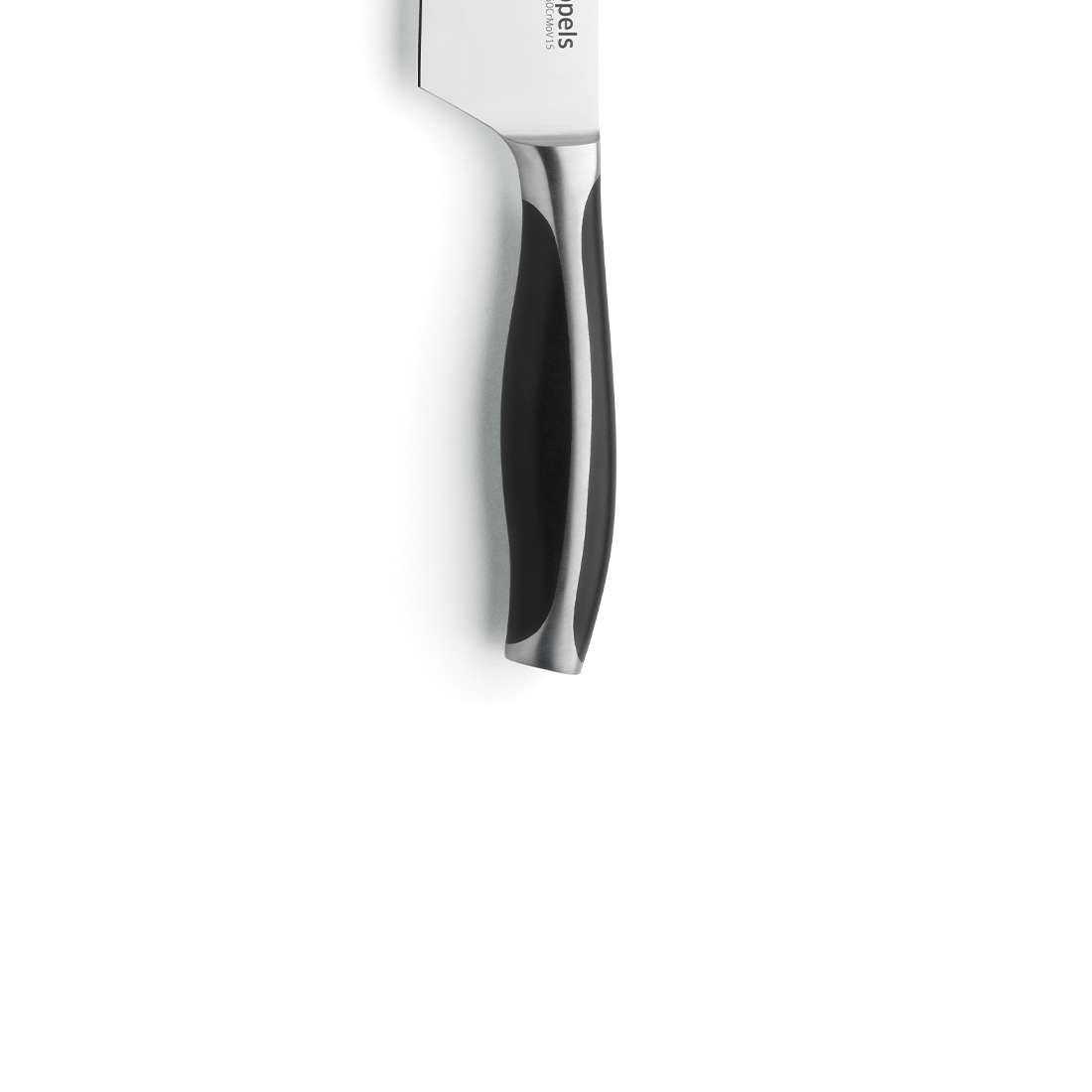 Eine Nahaufnahme des Kuppels CHEF Kochmessers 8" mit exzellenter Schärfe, mit einem schwarz-silbernen Griff und durchgehender Klinge, vertikal dargestellt mit dem Griff und einem Teil der Klinge vor einem weißen Hintergrund.