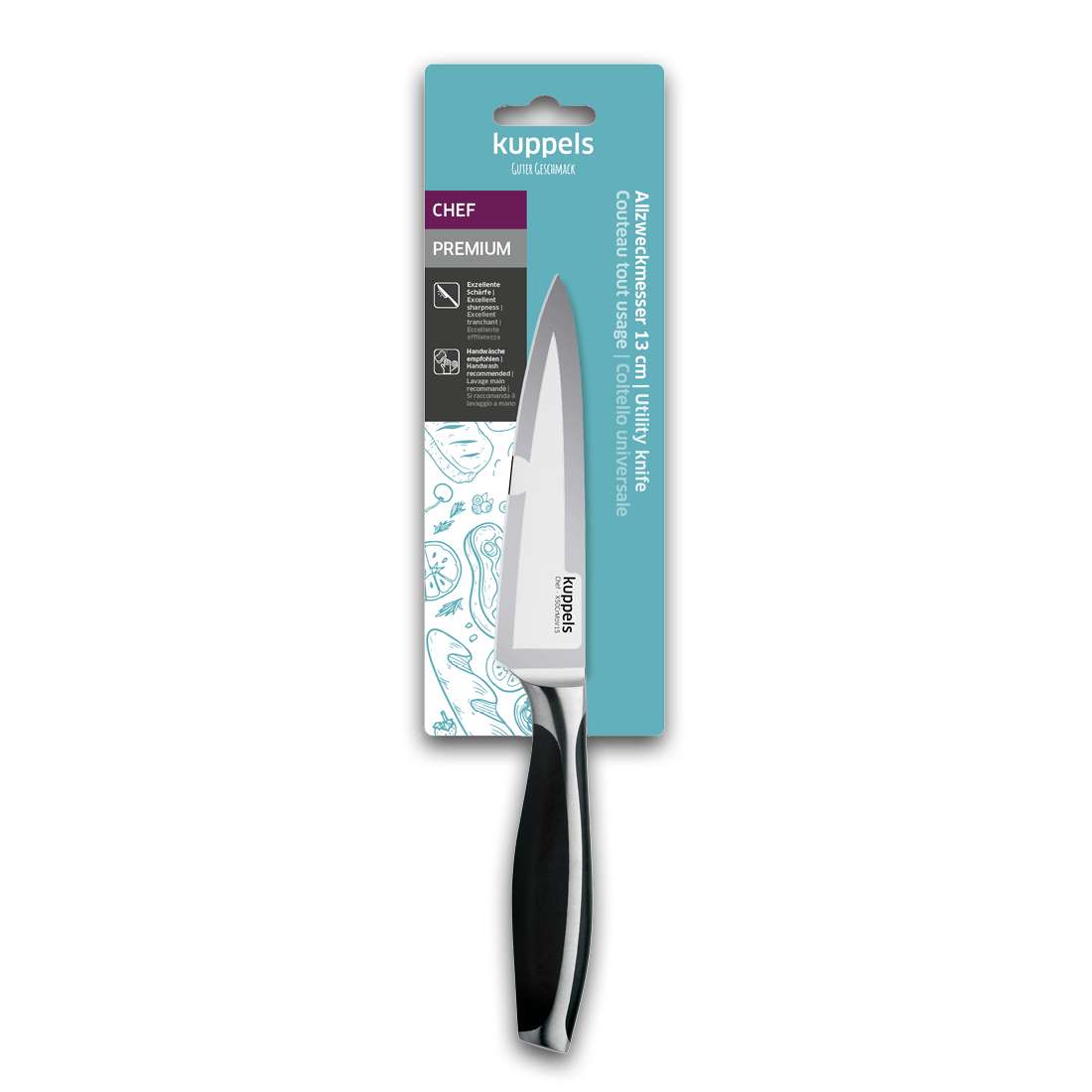 Ein Kuppels CHEF Allzweckmesser 13cm mit schwarz-silbernem Griff, gefertigt aus hochwertigem MoV-Stahl, zeigt sich in seiner Verpackung vor einem blau-weißen Hintergrund mit küchenbezogenen Strichzeichnungen.