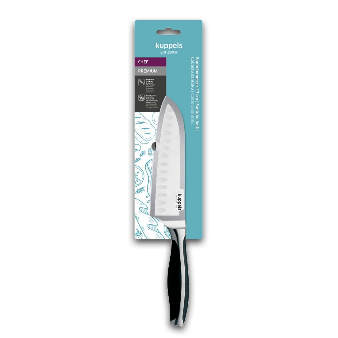 Kuppels CHEF Santokumesser 7" in der Verpackung, mit silberner Klinge im Edelstahl-Design und schwarz-silbernem Griff, auf blau-weißem Hintergrund mit illustrierten Küchenutensilien.