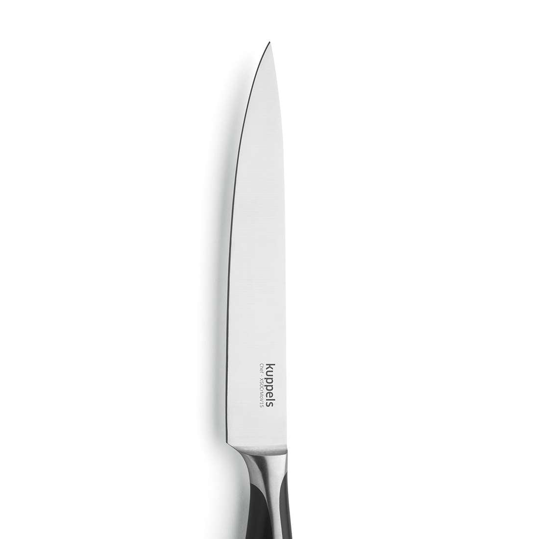 Das Kuppels CHEF Tranchiermesser, ein Edelstahlmesser mit schwarz-silbernem Griff, ist auf weißem Grund abgebildet. Der Markenname erscheint in Griffnähe – ideal zum Schneiden von Leckereien für die nächste Kaffeetafel.