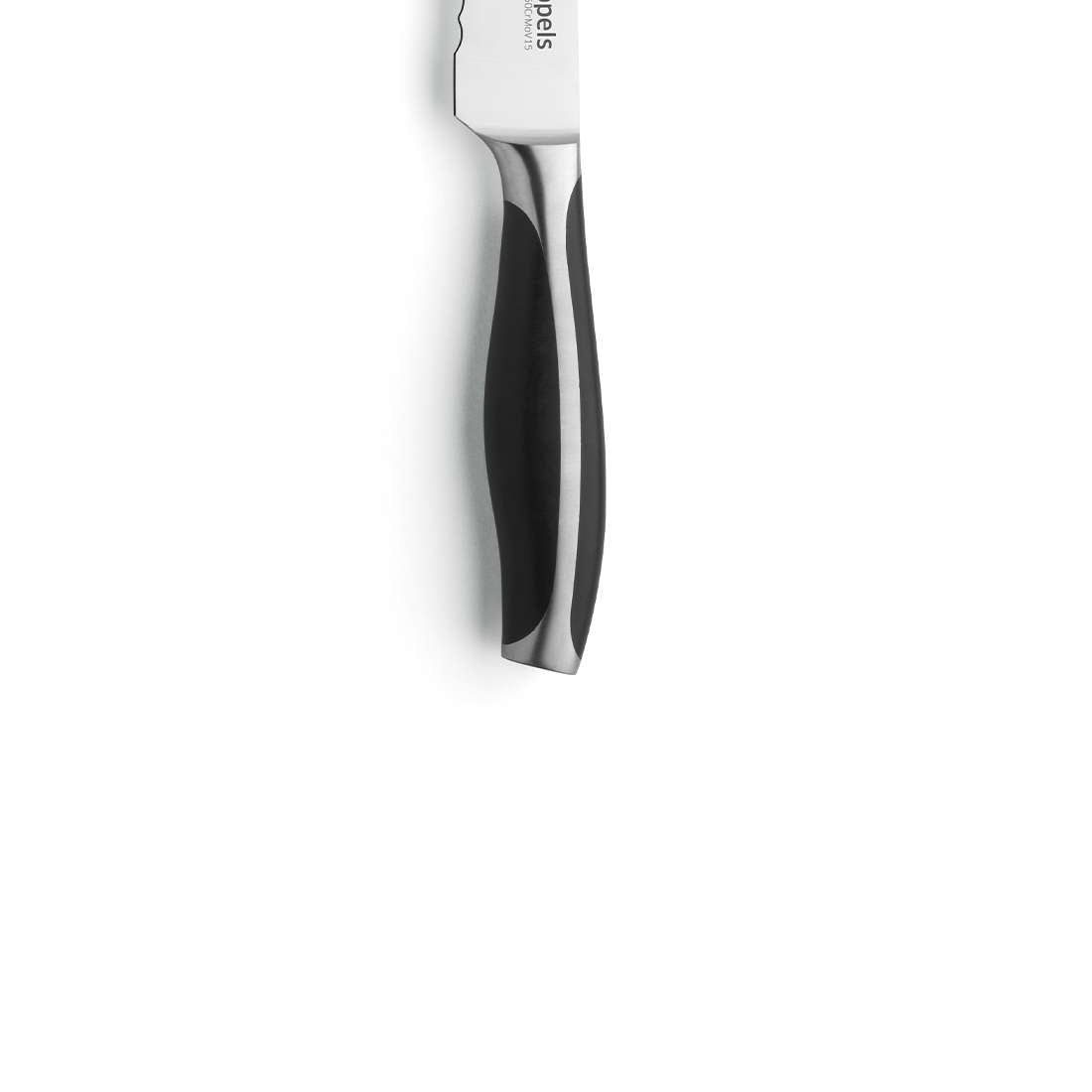 Eine Nahaufnahme des Kuppels CHEF Brotmessers zeigt seinen schwarz-silbernen MoV-Stahl-Griff und seine exzellente Schärfe vor einem weißen Hintergrund, wobei nur der untere Teil dieses Premium-Küchenmessers sichtbar ist.