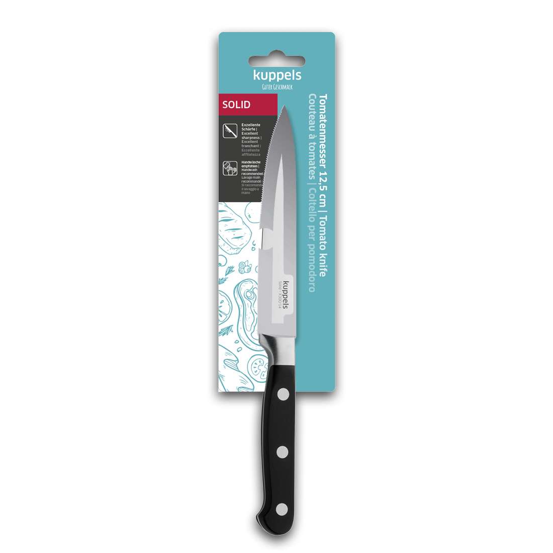 Das Kuppels SOLID Tomatenmesser hat eine 12,5 cm lange Klinge mit Wellenschliff und einen schwarzen Griff, verpackt auf einer türkisfarbenen und weißen Rückwandkarte mit Produktdetails und Illustrationen - ein Muss für Tomatenliebhaber.