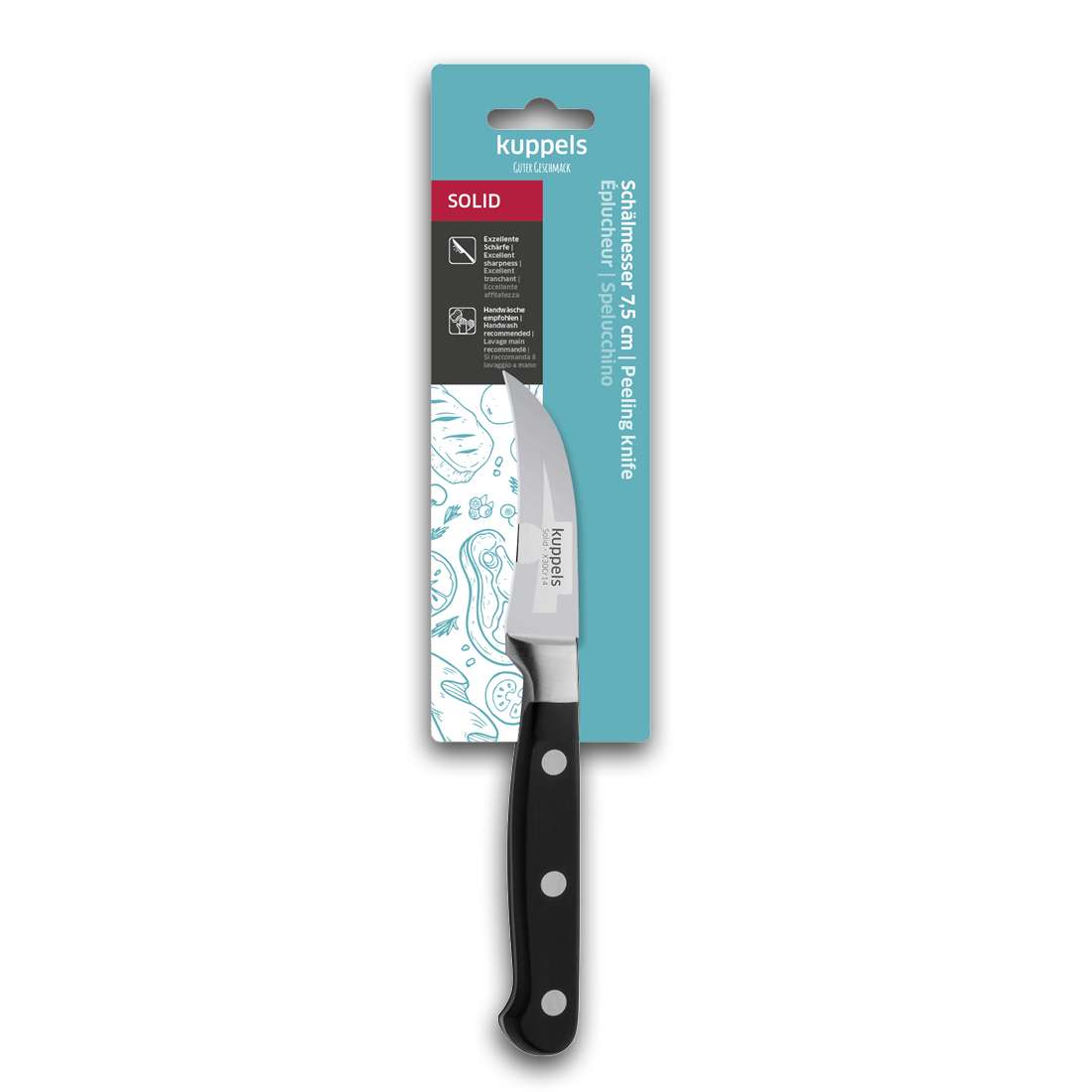Ein Kuppels SOLID Schälmesser, 7,5 cm mit schwarzem Griff und drei silbernen Nieten, wird in einer Verpackung mit blau-weißem Gemüse- und Küchenmotiv gezeigt - eine ideale Wahl für jede Küchenmesser-Kollektion.