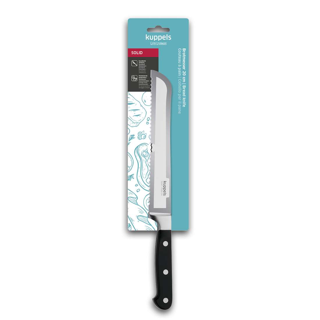 Ein Kuppels SOLID Brotmesser mit schwarzem Griff, hergestellt aus Chrom-Vanadium-Stahl, kommt in einer blau-weißen Kartonverpackung mit illustrierten Brot- und Küchenutensilien.