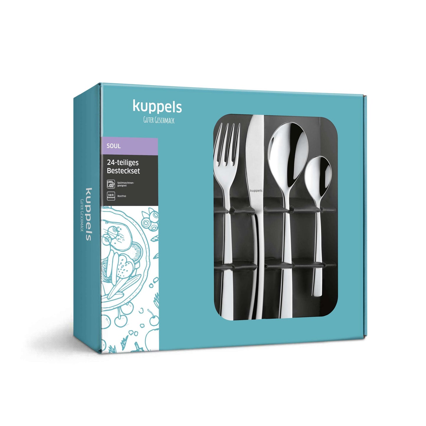 Abgebildet ist eine türkisfarbene Schachtel des 24-teiligen SOUL-Bestecksets von Kuppels. Durch ein transparentes Fenster auf der rechten Seite der Verpackung sind vier Besteckteile zu sehen: Messer, Gabel, Esslöffel und Teelöffel. Das Edelstahlbesteck ist spülmaschinenfest, wodurch es sowohl langlebig als auch leicht zu reinigen ist.