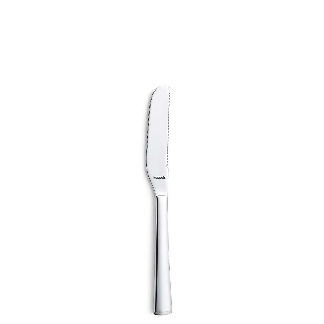 Das SELECTION Butterstreicher Set 2-teilig von Kuppels besteht aus einem Edelstahl-Tafelmesser mit glattem Griff und leicht gezahnter Klinge, vertikal auf weißem Grund dargestellt. Ideal als Buttermesser.
