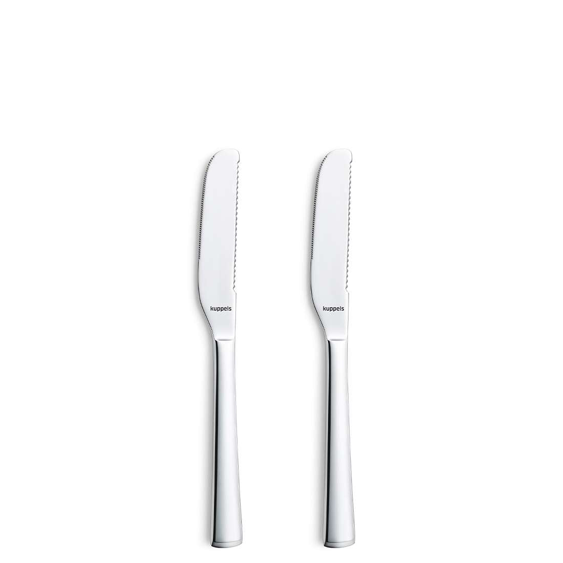 Zwei Butterstreicher-Messer von Kuppels SELECTION (2er-Set) stehen aufrecht nebeneinander vor einem schlichten weißen Hintergrund.