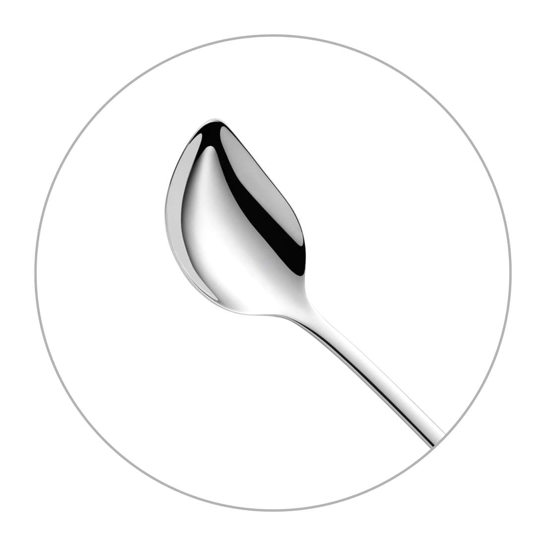 Ein glänzendes Kuppels SELECTION Joghurtlöffel Set 2-teilig Edelstahl 18/10 Silber wird in einem kreisförmigen Rahmen auf weißem Hintergrund präsentiert, wobei ein Löffel diagonal abgewinkelt ist - ideal für den Genuss von Joghurt.