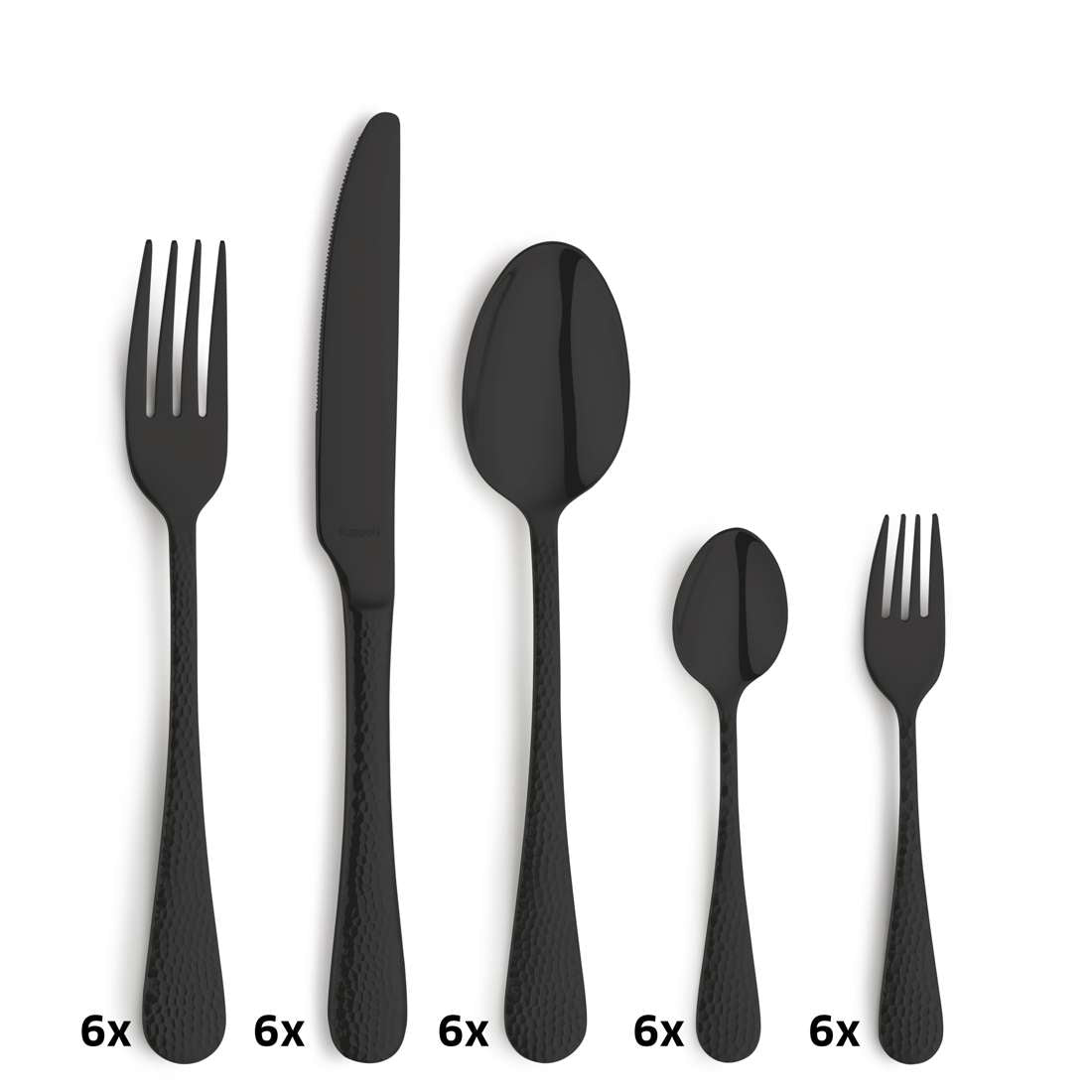 Das Kuppels Home CRYSTAL Besteckset 30-teilig PVD schwarz besteht aus je sechs Gabeln, Messern, Esslöffeln, Teelöffeln und Dessertgabeln, die elegant in schwarzer PVD-Beschichtung auf weißem Grund präsentiert werden.