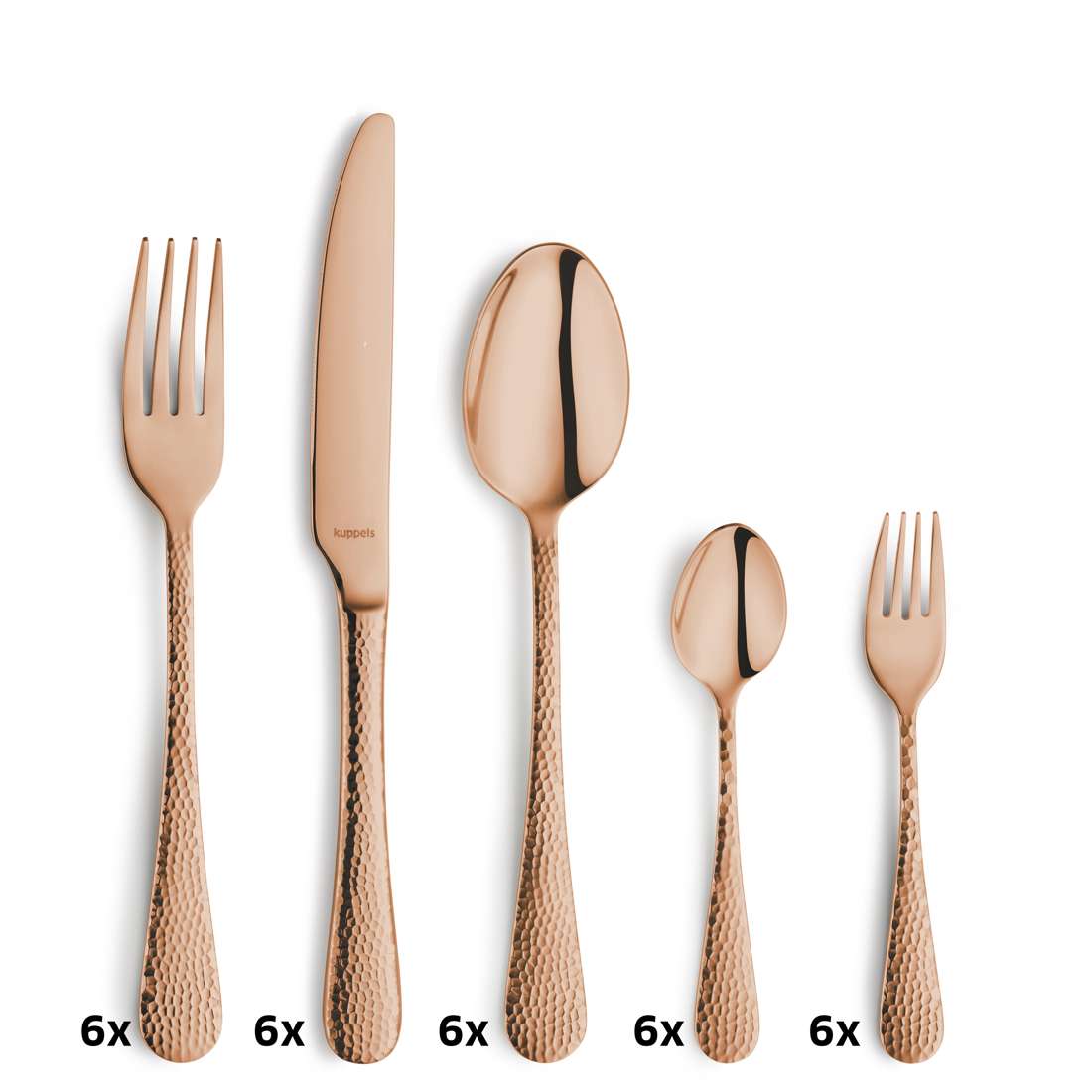 Das Kuppels Home CRYSTAL Besteckset 30-teilig PVD rosé besteht aus je sechs Gabeln, Messern, Esslöffeln, Kaffeelöffeln und Dessertgabeln - jeweils mit strukturiertem Edelstahlgriff und eleganter PVD-Beschichtung.
