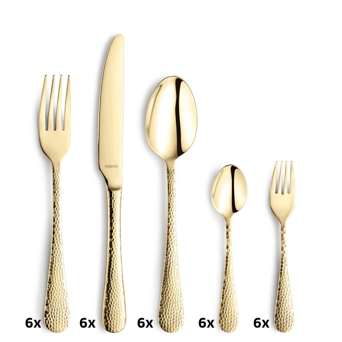 Das CRYSTAL Besteckset 30-teilig PVD champagner von Kuppels Home verfügt über goldfarbenes, strukturiertes 18/0 Edelstahlbesteck - je sechs Essgabeln, Messer, Suppenlöffel, Teelöffel und Dessertgabeln - mit einer eleganten PVD-Beschichtung.