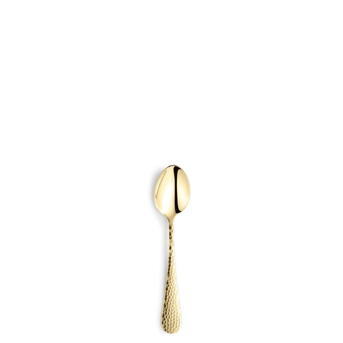 Ein einzelner goldener Löffel aus dem Kuppels Home CRYSTAL Besteckset 30-teilig PVD Champagner ist auf einem schlichten weißen Hintergrund zentriert.