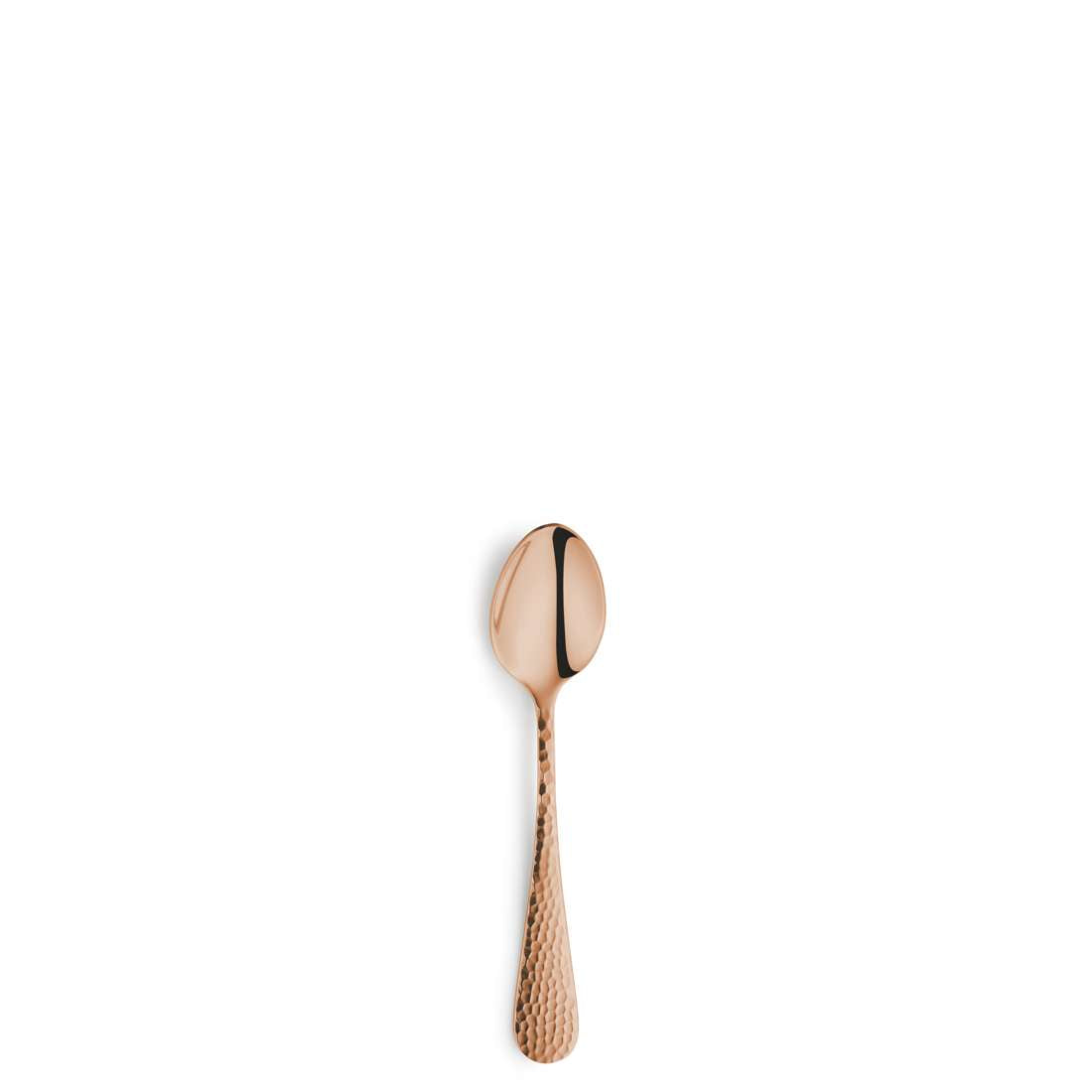 Ein Löffel aus dem Kuppels Home CRYSTAL Besteckset 30-teilig PVD rosé ist mit gehämmertem Edelstahlgriff auf einem schlichten weißen Hintergrund zentriert.