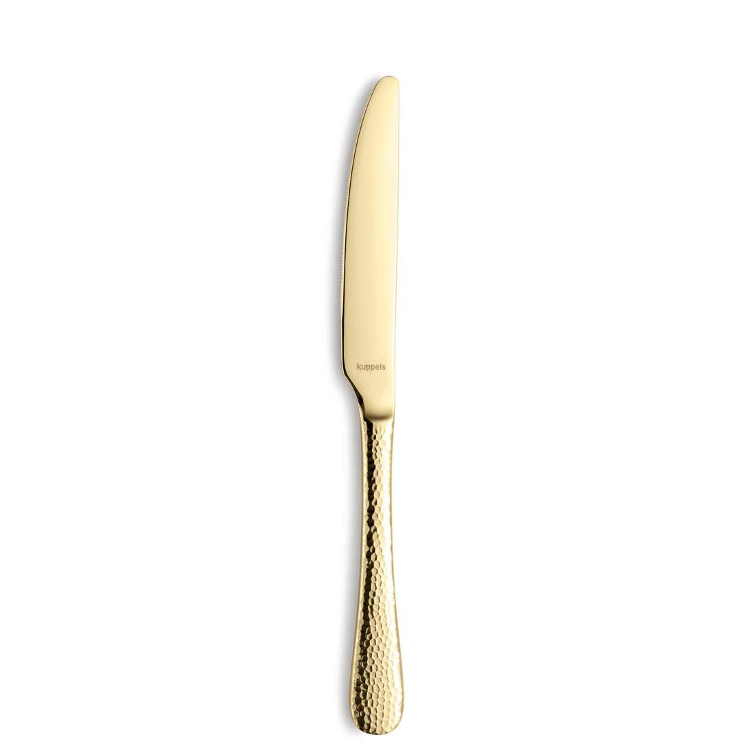 Ein goldfarbenes Kuppels Home CRYSTAL Besteckset 30-teilig PVD Champagner-Tafelmesser mit glatter Klinge und strukturiertem Griff, abgebildet auf weißem Hintergrund.