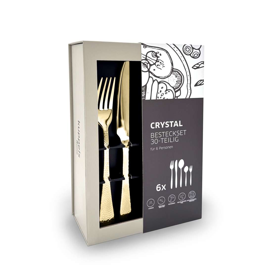 Das CRYSTAL Besteckset 30-teilig PVD champagner von Kuppels Home besteht aus sechs Sets mit Gabeln, Messern und Löffeln in stilvoller Hammerschlag-Struktur, verpackt in einer goldfarbenen Box mit Sichtfenster.