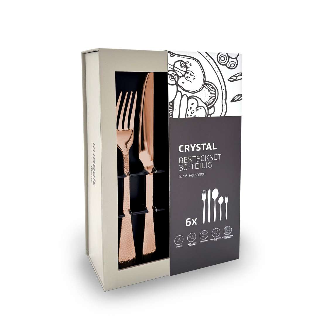 Das Kuppels Home CRYSTAL Besteckset 30-teilig PVD rosé ist ein Besteckset für 6 Personen, bei dem einige Teile durch die weiß-schwarze Verpackung mit Utensilienabbildungen sichtbar sind und ein Kaffeelöffel-Set enthalten ist.