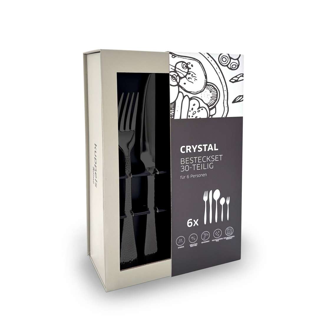 Das Kuppels Home CRYSTAL Besteckset 30-teilig PVD schwarz ist ein 30-teiliges Besteckset für 6 Personen in einer rechteckigen Schachtel mit einem Klarsichtfenster, das schwarzes Besteck mit Hammerschlagstruktur, Utensiliensymbolen und Lebensmittelabbildungen zeigt.