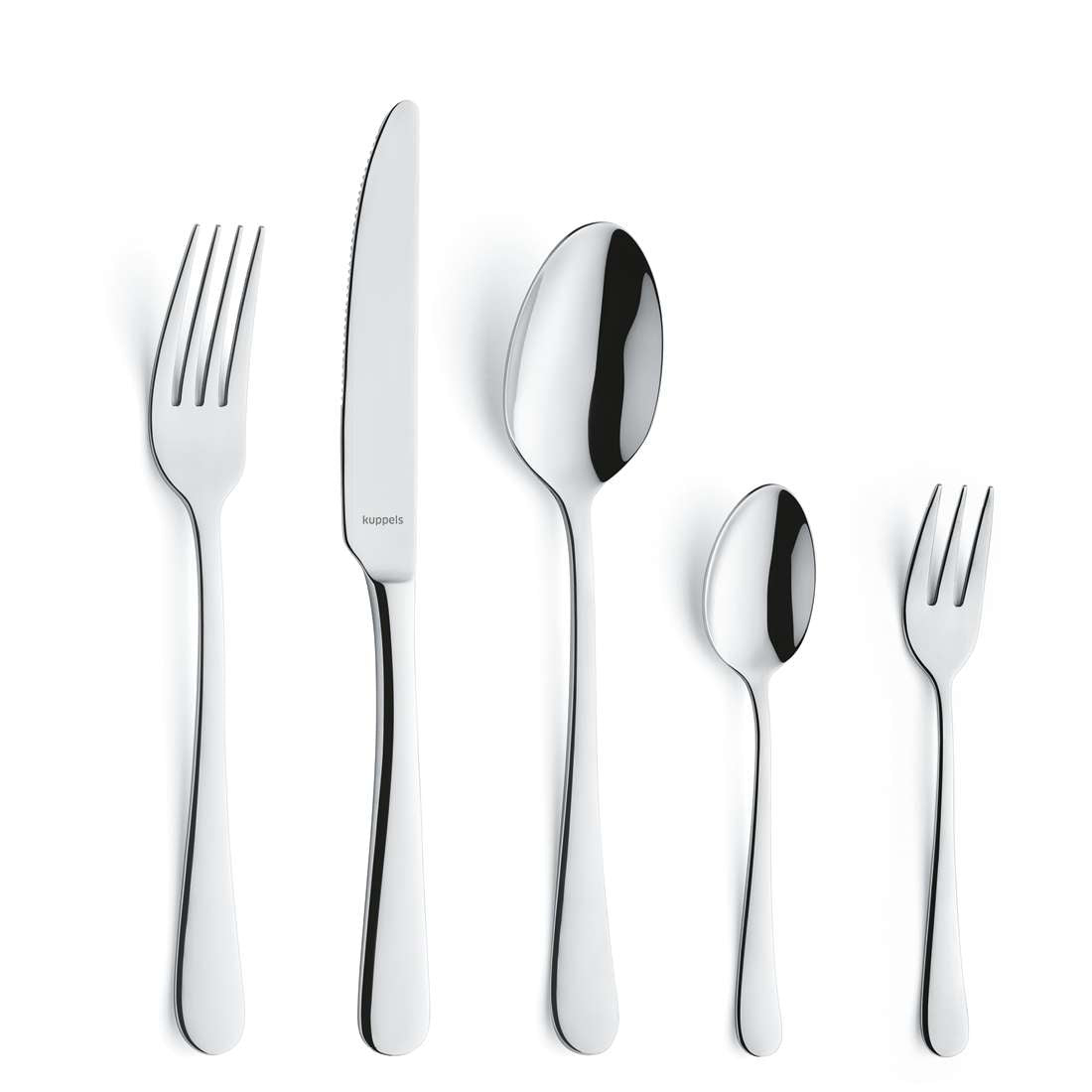 Fünf Teile des Kuppels Home DELIA Besteckset 30-teilig - Gabel, Messer, Esslöffel, Teelöffel und Dessertgabel - sind in einer Reihe auf weißem Hintergrund angeordnet und unterstreichen das moderne Design des Sets.