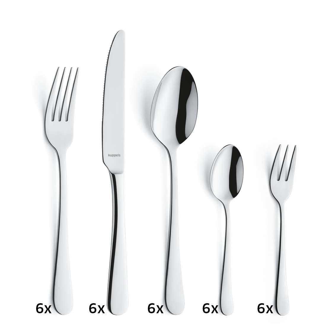 Das DELIA Besteckset 30-teilig von Kuppels Home aus Edelstahl enthält je 6 Gabeln, Messer, Esslöffel, Teelöffel und Dessertgabeln im modernen Design.