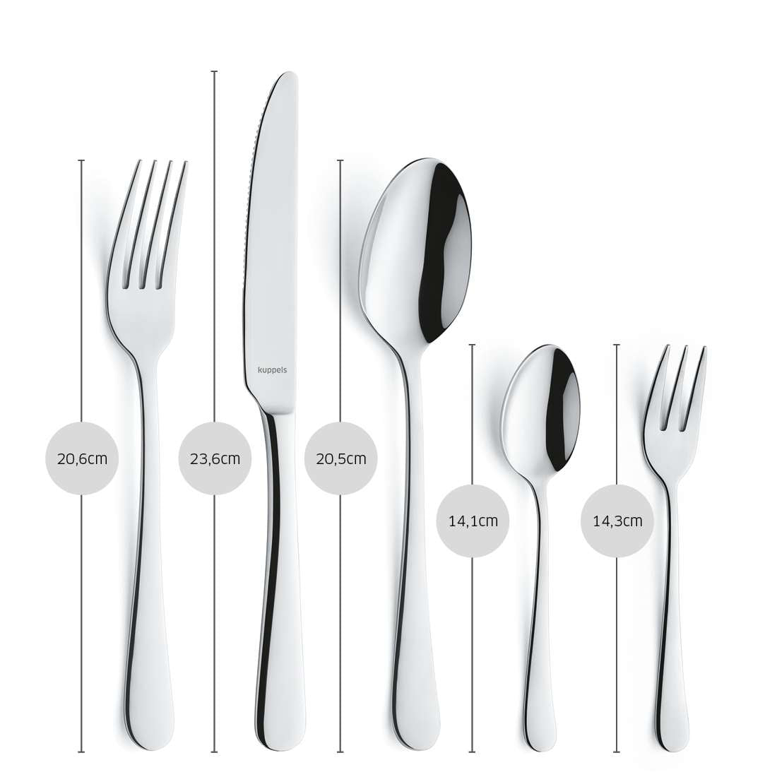 Ein Set aus sechs Edelstahl-Utensilien aus dem DELIA Besteckset 30-teilig von Kuppels Home - jeweils mit der Höhe beschriftet und in einer Reihe auf weißem Grund angeordnet. Modernes Design, ideal für jeden gedeckten Tisch.