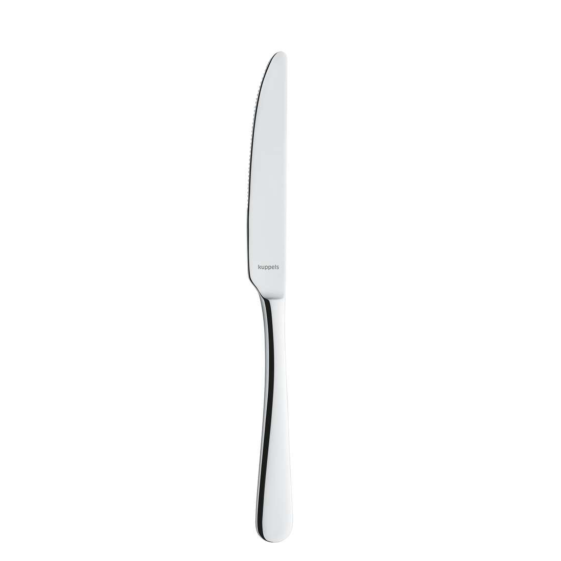 Ein Edelstahl-Tafelmesser aus dem Kuppels Home DELIA Besteckset 30-teilig, mit modernem Design, glattem Griff und leicht gezahnter Schneide, abgebildet auf weißem Grund. Ideal zur Aufwertung Ihrer Besteckkollektion.