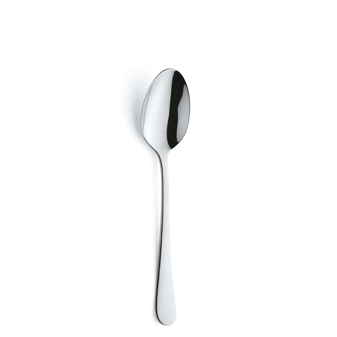 Ein einzelner, glänzender Löffel aus dem Kuppels Home DELIA Besteckset 30-teilig, gefertigt aus Edelstahl mit langem Stiel und modernem Design, steht aufrecht vor einem schlichten weißen Hintergrund.