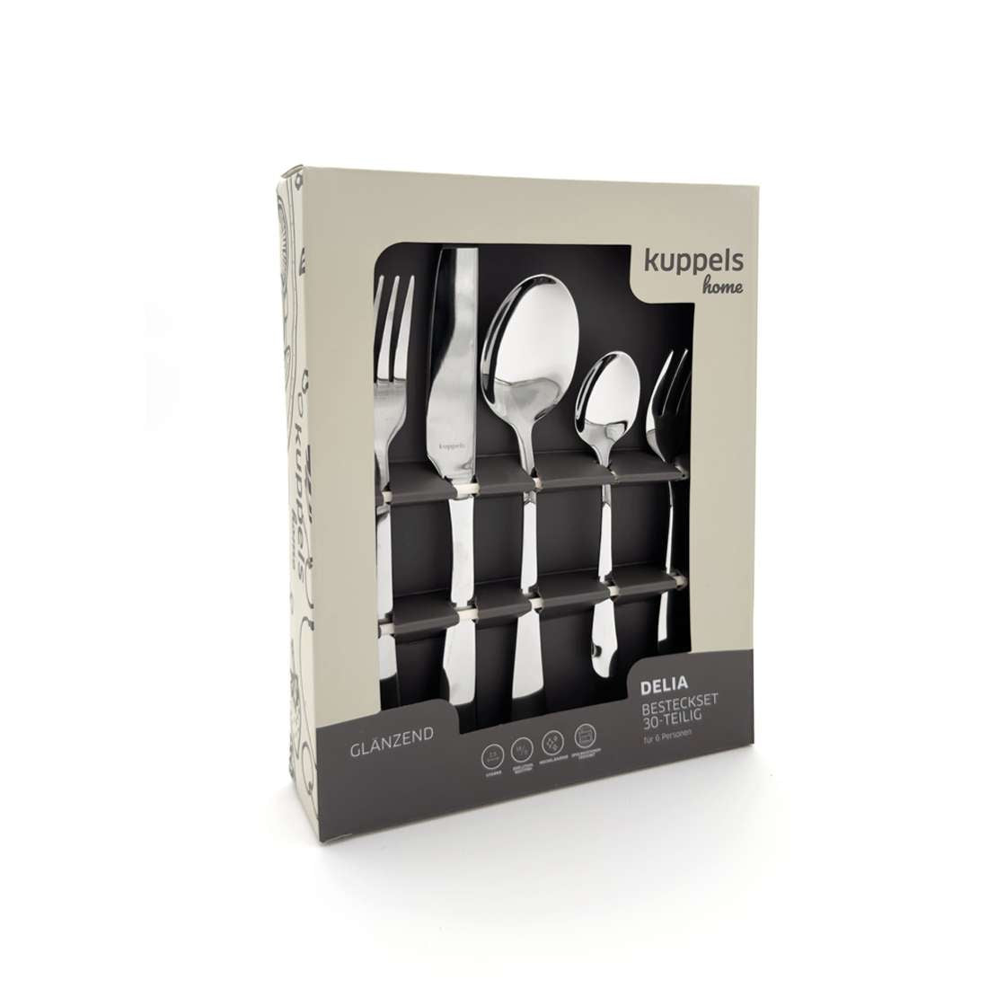 Das Besteckset aus glänzendem Edelstahl 18/0, bestehend aus Gabeln, Messern und Löffeln, in beige-schwarzer Verpackung mit der Aufschrift Kuppels Home DELIA Besteckset 30-teilig, bietet ein modernes Design für jeden gedeckten Tisch.