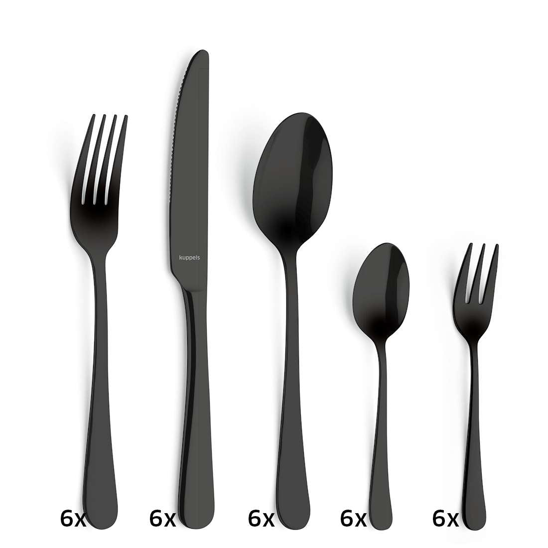 Fünf schwarze Besteckteile - eine Tafelgabel, ein Messer, ein Suppenlöffel, ein Teelöffel und eine Dessertgabel - mit der Aufschrift "6x" sind auf weißem Grund für das DELIA Besteckset 30-teilig PVD schwarz von Kuppels Home (Edelstahl 18/0) abgebildet.