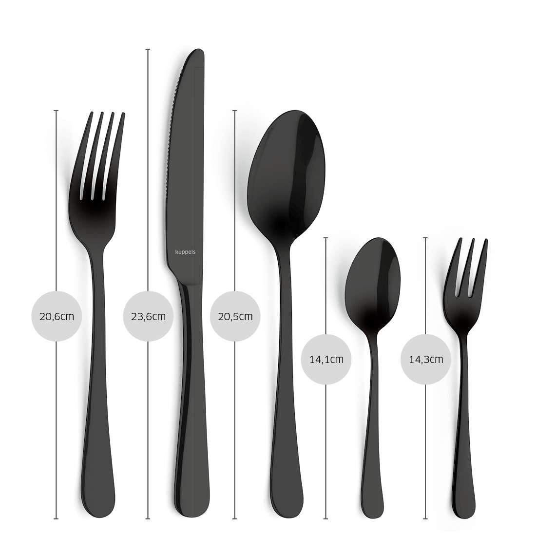 Fünf DELIA Besteckset 30-teilig PVD schwarz von Kuppels Home - Gabel (20,6 cm), Messer (23,6 cm), Esslöffel (20,5 cm), Teelöffel (14,1 cm) und Dessertgabel (14,3 cm) - werden gezeigt, gefertigt aus Edelstahl 18/0.